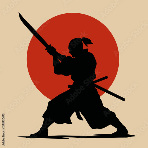 Samurai Warrior Silhouette with Katana and Rising Sun