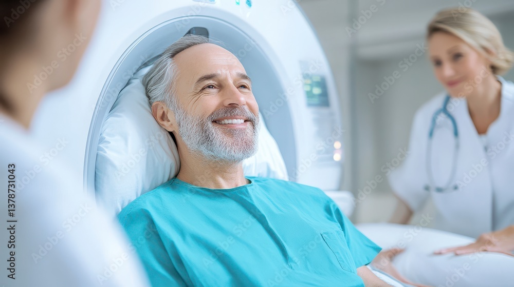 Patient in CT Scan: A smiling patient lies calmly in a CT scanner, interacting with friendly medical professionals, and symbolizing healthcare and modern medical diagnostics. Patient in CT Scan: A smiling patient lies calmly in a CT scanner, interacting with friendly medical professionals, and symbolizing healthcare and modern medical diagnostics.