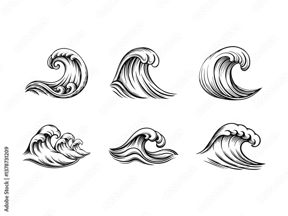 Obraz premium Wave silhouettes in various styles silhouette isolated on white background