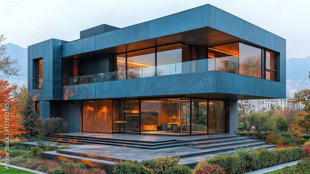 Fototapeta premium Modern luxury home with large windows, sleek design, and expansive outdoor space.