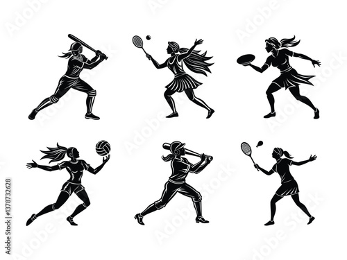 Woman playing volleyball basketball and tennis silhouette isolated on white background