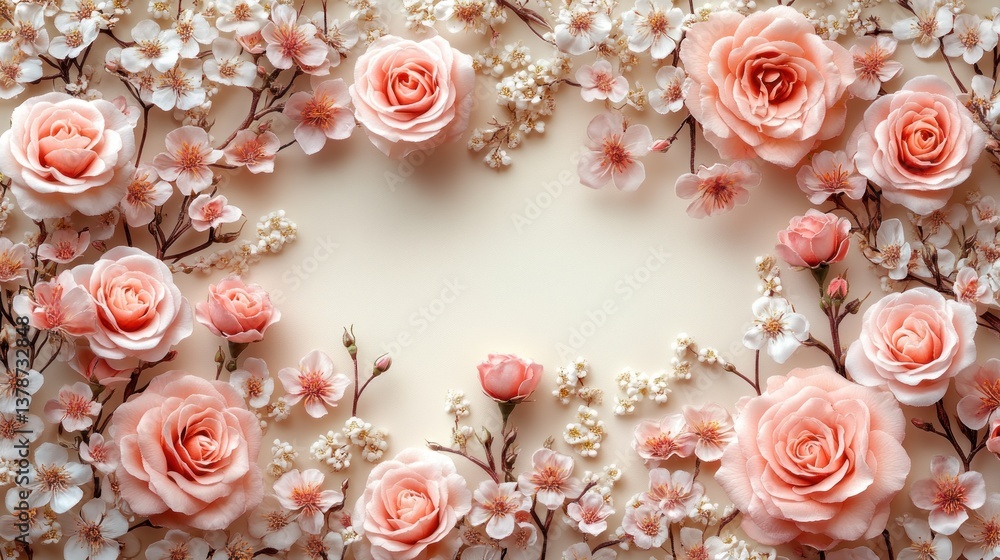 Peach roses and white cherry blossoms frame on beige background. Peach roses and white cherry blossoms frame on beige background.