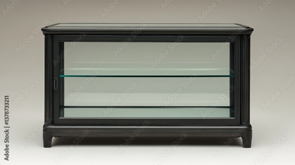 Black wooden display cabinet with glass shelves and sliding door. Black wooden display cabinet with glass shelves and sliding door.