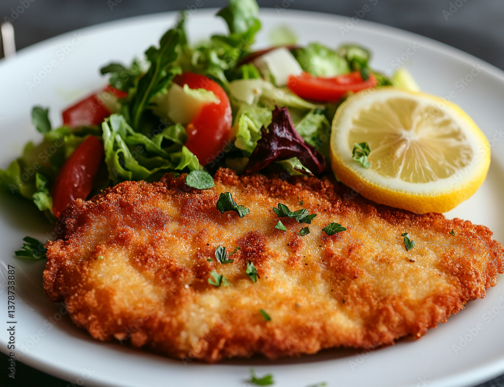 Golden Schnitzel with Fresh Lemon & Side Salad � Traditional European Dish Golden Schnitzel with Fresh Lemon & Side Salad � Traditional European Dish