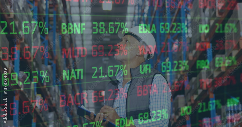 Image of financial data processing over man working in warehouse Image of financial data processing over man working in warehouse