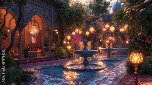 Enchanting Islamic Garden with Illuminated Fountains and Architectural Elegance