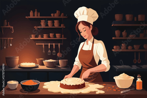 Woman making dough for carrot cake at dark textured