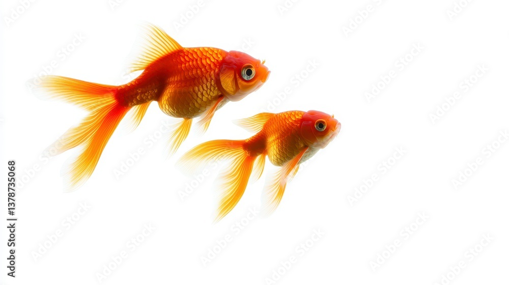 Goldfish Duo: A pair of vibrant orange goldfish swim gracefully, their elegant fins and scales highlighted in a studio shot. Capturing the beauty of aquatic life in a visual feast. Goldfish Duo: A pair of vibrant orange goldfish swim gracefully, their elegant fins and scales highlighted in a studio shot. Capturing the beauty of aquatic life in a visual feast.