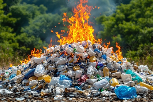 A large pile of assorted plastic waste is burning with bright flames in a natural outdoor setting, with green trees in the background. Concept of pollution. Ai generative
