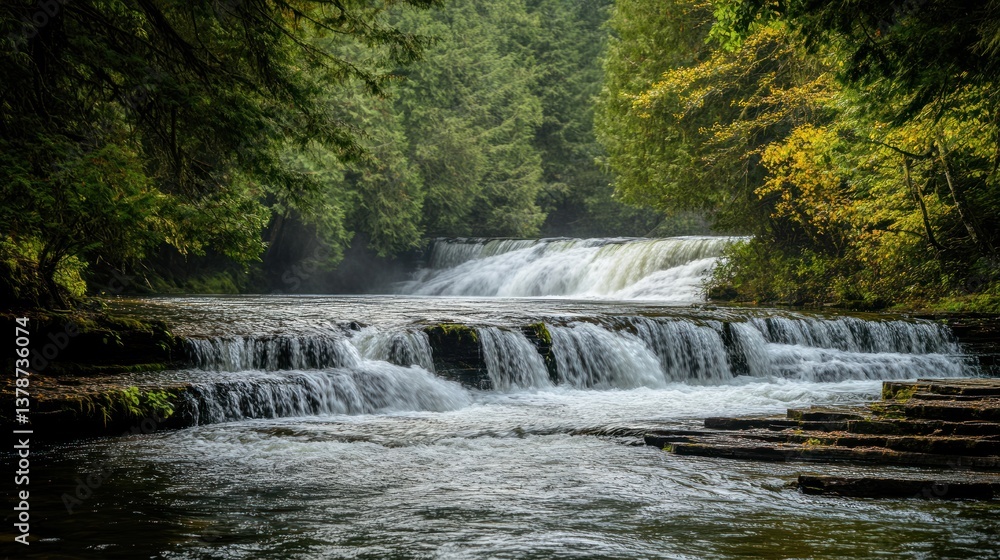 Obraz premium Cascading river with small waterfalls amidst verdant woodland scenery and natural formations