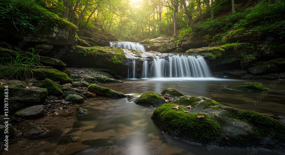 Fototapeta premium Serene Moss-Draped Waterfall in Sun-Dappled Forest