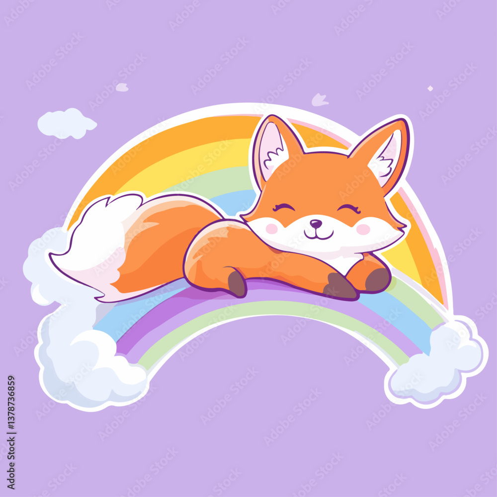 Obraz premium Fox lying on rainbow, vector illustration.