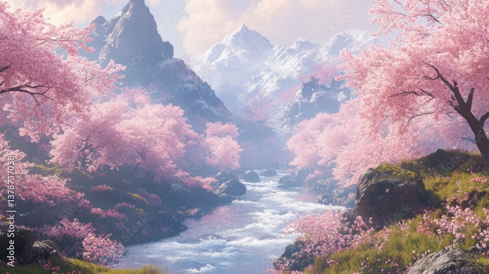 Serene cherry blossom valley with flowing river beneath snowy mountains Serene cherry blossom valley with flowing river beneath snowy mountains