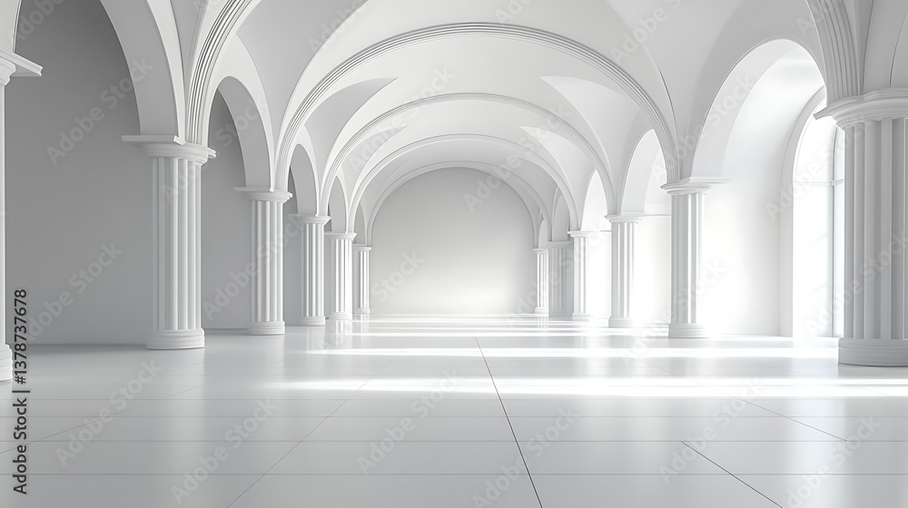 Elegant White Hallway with High Arches and Columns Elegant White Hallway with High Arches and Columns