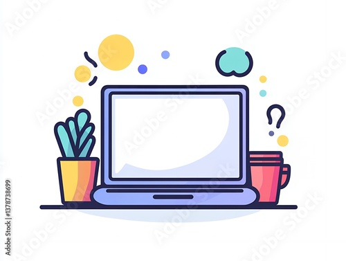 Laptop Workspace Illustration: Modern Minimalist Design Featuring a Laptop, Plant, and Coffee Cup