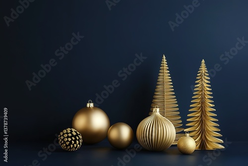 Luxury gold Christmas decorations on dark blue background. Xmas greeting card template, Happy New Year banner mockup