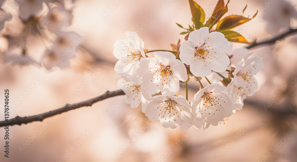 Naklejka premium Soft Light Illuminates Delicate Spring Cherry Blossom Cluster