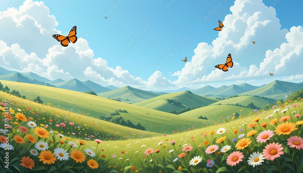 Fototapeta premium Idyllic Spring Meadow Landscape, Butterflies flutter over a vibrant flower meadow.