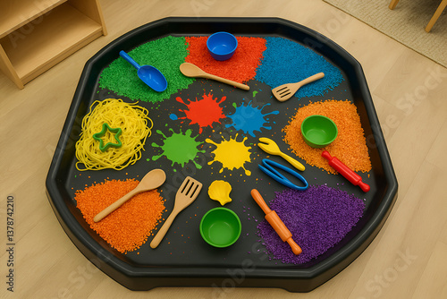 Canvas Print Colorful tuff tray activity set up in nursery