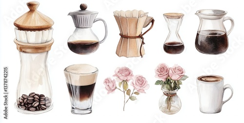 Wallpaper Mural A Watercolor Collection of Coffee Brewing Methods and Delicate Pink Roses: A Delightful Blend of Caffeine and Floral Charm Torontodigital.ca