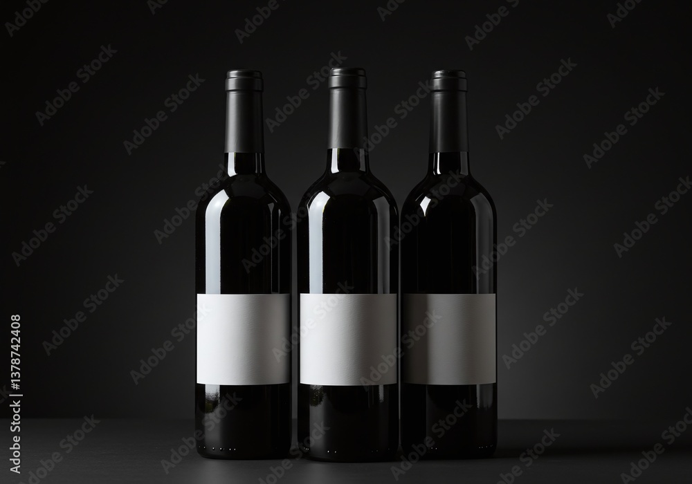 Three wine bottles stand against a dark backdrop, their blank labels hinting at an exclusive experience Three wine bottles stand against a dark backdrop, their blank labels hinting at an exclusive experience