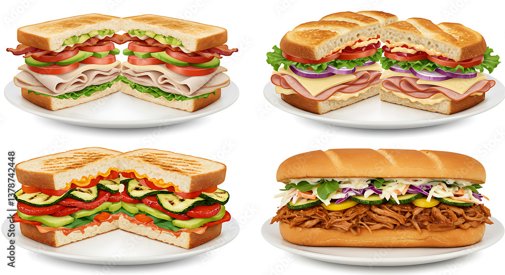 Gourmet Sandwich Selection: A delicious selection of gourmet sandwiches, beautifully arranged and freshly made, offering a variety of fillings and flavors on a neutral backdrop. Gourmet Sandwich Selection: A delicious selection of gourmet sandwiches, beautifully arranged and freshly made, offering a variety of fillings and flavors on a neutral backdrop.