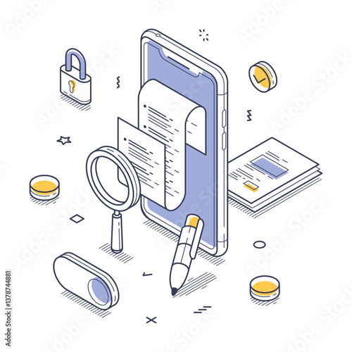 Isometric representation of digital document management, highlighting a smartphone displaying a receipt, a magnifying glass, and security elements. Modern vector illustration