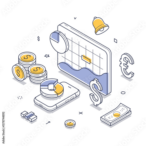 Financial analytics, featuring a smartphone displaying charts, coins, and currency notes, all depicted in a clean, modern isometric style emphasizing data and economy. Vector illustration