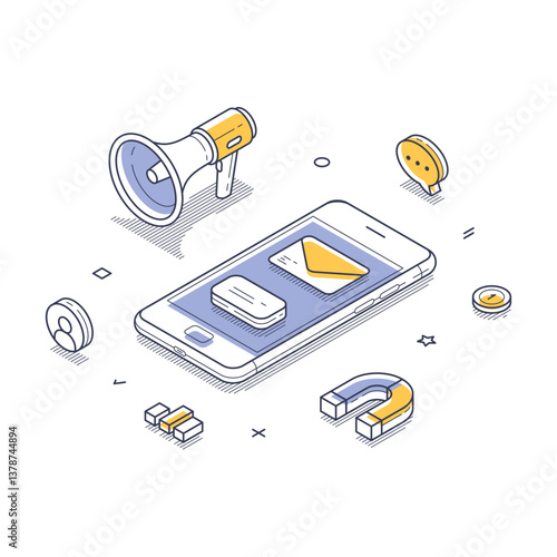 Smartphone surrounded by various communication tools such as a megaphone, message icons, and magnetic elements. Design emphasizes digital marketing themes. Modern vector illustration