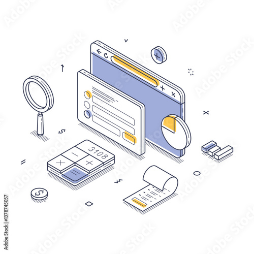 Online tax calculator service concept. Various digital finance and accounting tools, including a calculator, charts, and a browser interface. Modern isometric line vector illustration