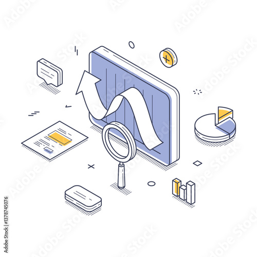 Various elements related to data analysis, including charts, graphs, and magnifying glass, emphasizing the importance of visualizing growth trends for businesses. Modern isometric vector illustration