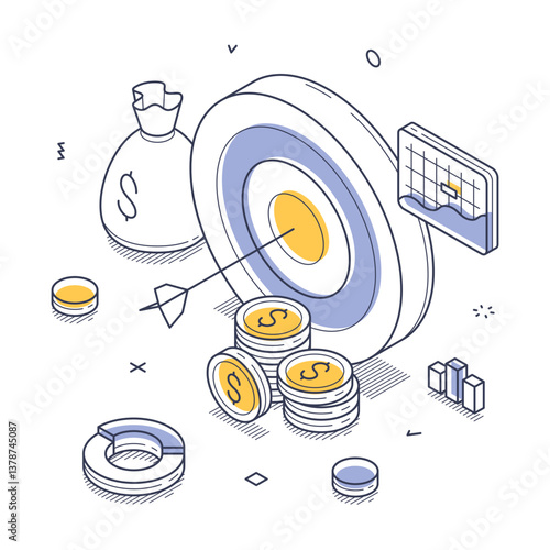 Isometric view of financial target. It features a target with an arrow, coin stacks, a money bag, and a chart, symbolizing investment strategy and economic success. Vector line illustration