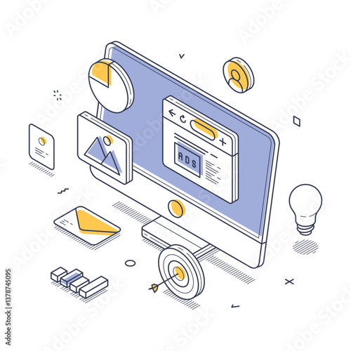 Digital marketing concept featuring a computer monitor displaying ads, surrounded by related elements like charts, images, and a lightbulb. Modern isometric line vector illustration