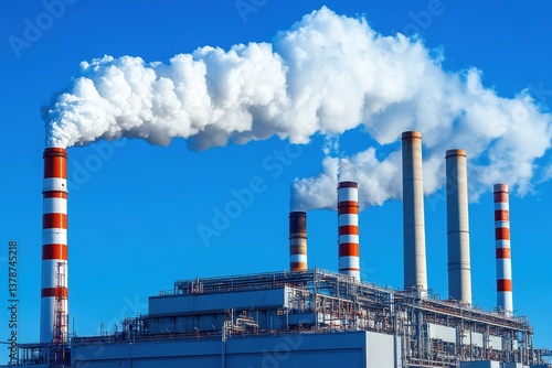 Industrial power plant with smokestacks emitting white smoke against a clear blue sky