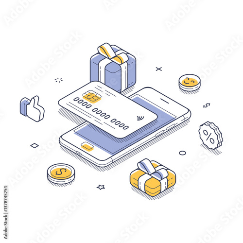 Smartphone displaying a digital payment card, surrounded by gift boxes and coins. Design emphasizes the convenience of online shopping and digital transactions. Isometric line vector illustration