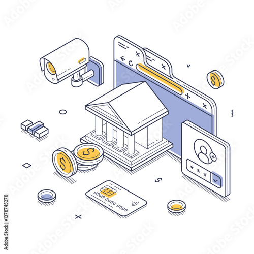 Isometric design showcasing a bank building, surveillance, and digital transactions, highlighting modern financial technology and security systems. Vector illustration