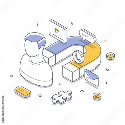 Customer retention concept. A person interacts with various digital tools in a modern isometric setting, including devices and icons representing communication. Isometric line vector illustration