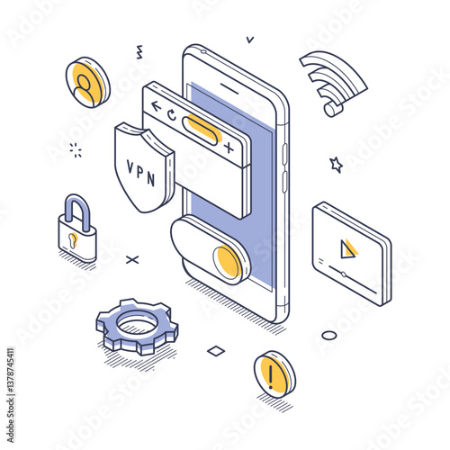 VPN access technology concept. Design presents a smartphone surrounded by elements representing digital security. Modern isometric line vector illustration