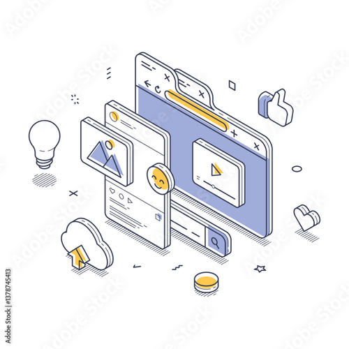 Quality contents concept. Modern isometric design highlighting activities related to digital content sharing. Vector illustration