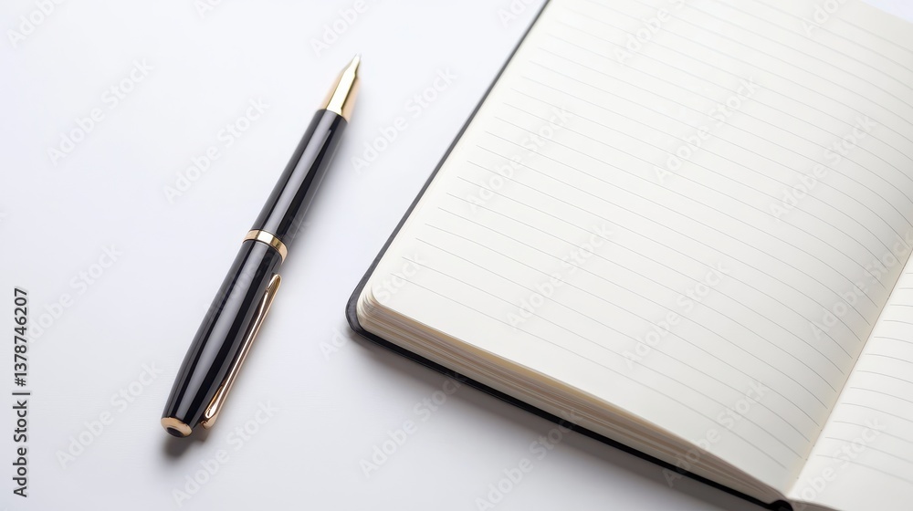Pen and Notebook: A sleek, black pen rests beside an open, blank notebook. It is ready to be filled with ideas, thoughts, or plans. Pen and Notebook: A sleek, black pen rests beside an open, blank notebook. It is ready to be filled with ideas, thoughts, or plans.
