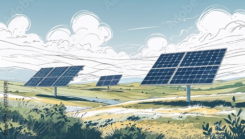 Sketch landscape with solar panel. Energy illustration. Solar panel in fields