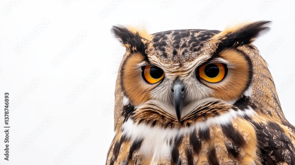 Fototapeta premium Majestic Owl Portrait: An intense close-up captures the piercing gaze of a striking owl, highlighting its sharp features and captivating eyes, in a studio setting, conveying wisdom and serenity.