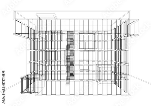 Modern architectural facade with geometric cube balconies, white building with cube elements