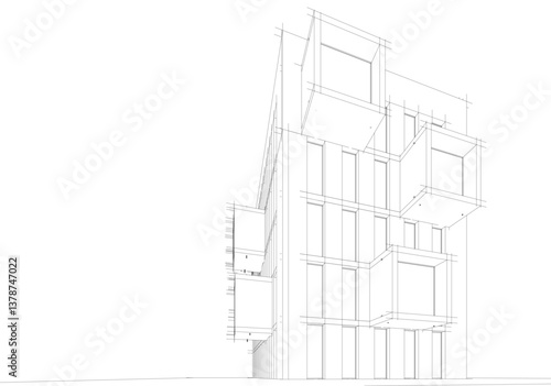 Modern architectural facade with geometric cube balconies, white building with cube elements