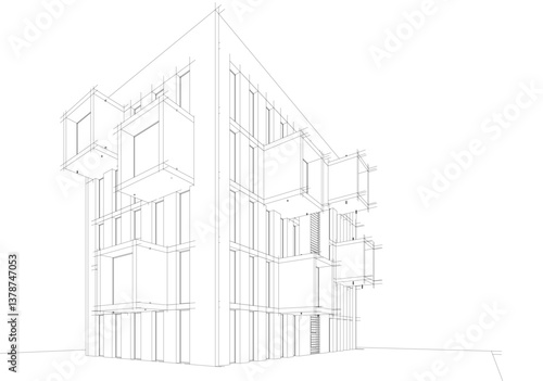 Modern architectural facade with geometric cube balconies, white building with cube elements