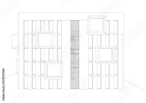 Modern architectural facade with geometric cube balconies, white building with cube elements