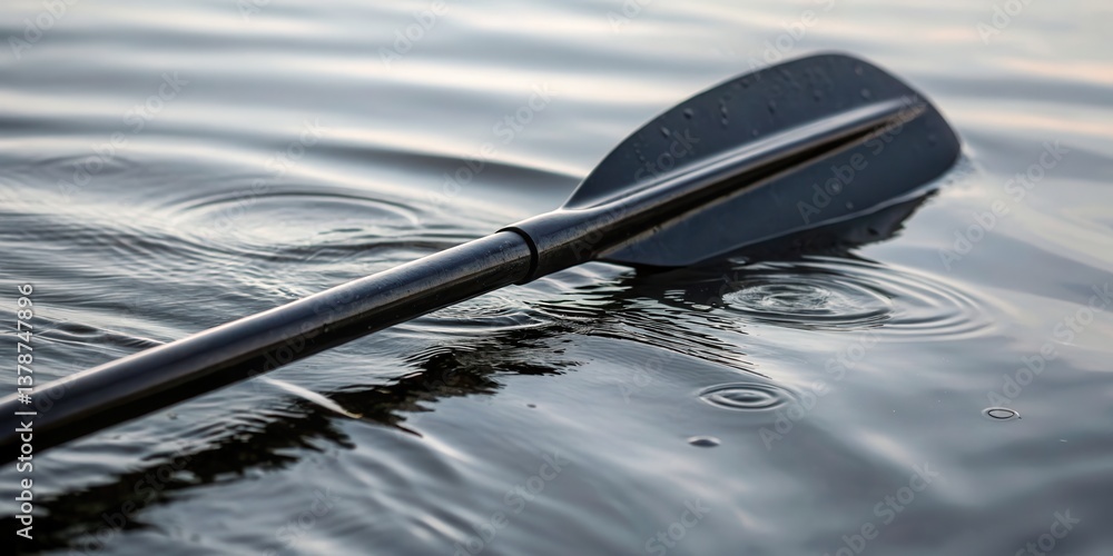Water sports kayaking technique concept. Paddle resting on the water surface, creating gentle ripples around it. Water sports kayaking technique concept. Paddle resting on the water surface, creating gentle ripples around it.