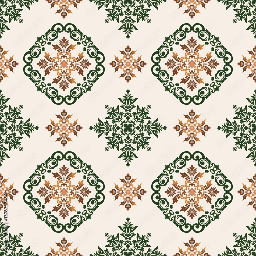 Delicate seamless vector pattern with floral medallions in green and rust on cream. Perfect for textile, wallpaper, stationery, and vintage decor with a refined botanical charm.