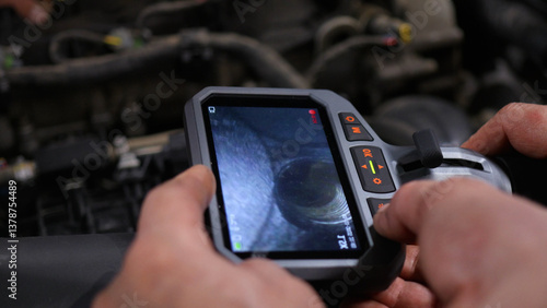 Foto The mechanics at the auto service use an endoscope and examine the inside of the