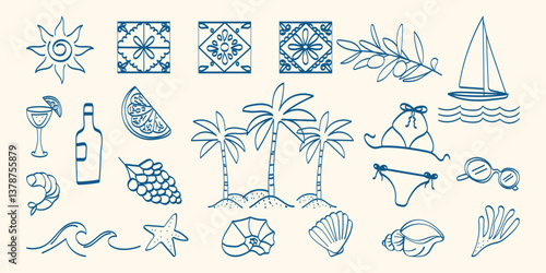 Set of hand drawn summer elements. Minimalist line art. Summer vacation and travel concept. Palm tree, yacht, sun and sea, shells, fruits. Ink drawing. Vector flat illustration.